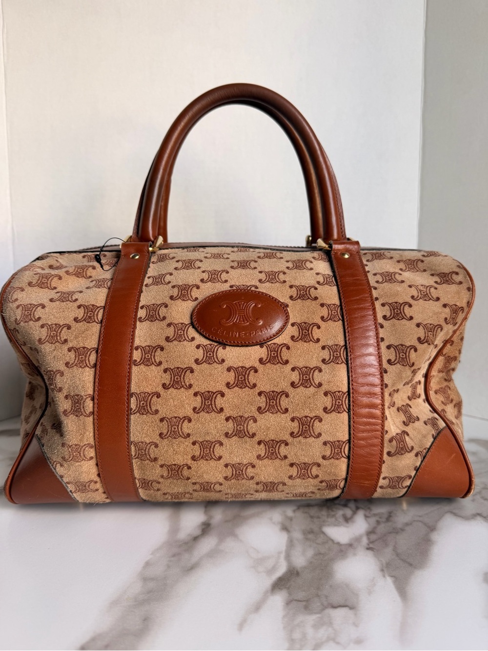 Authentic CELINE Blason pattern Suede Handbag Bostonbag Beige Vintage w/COA